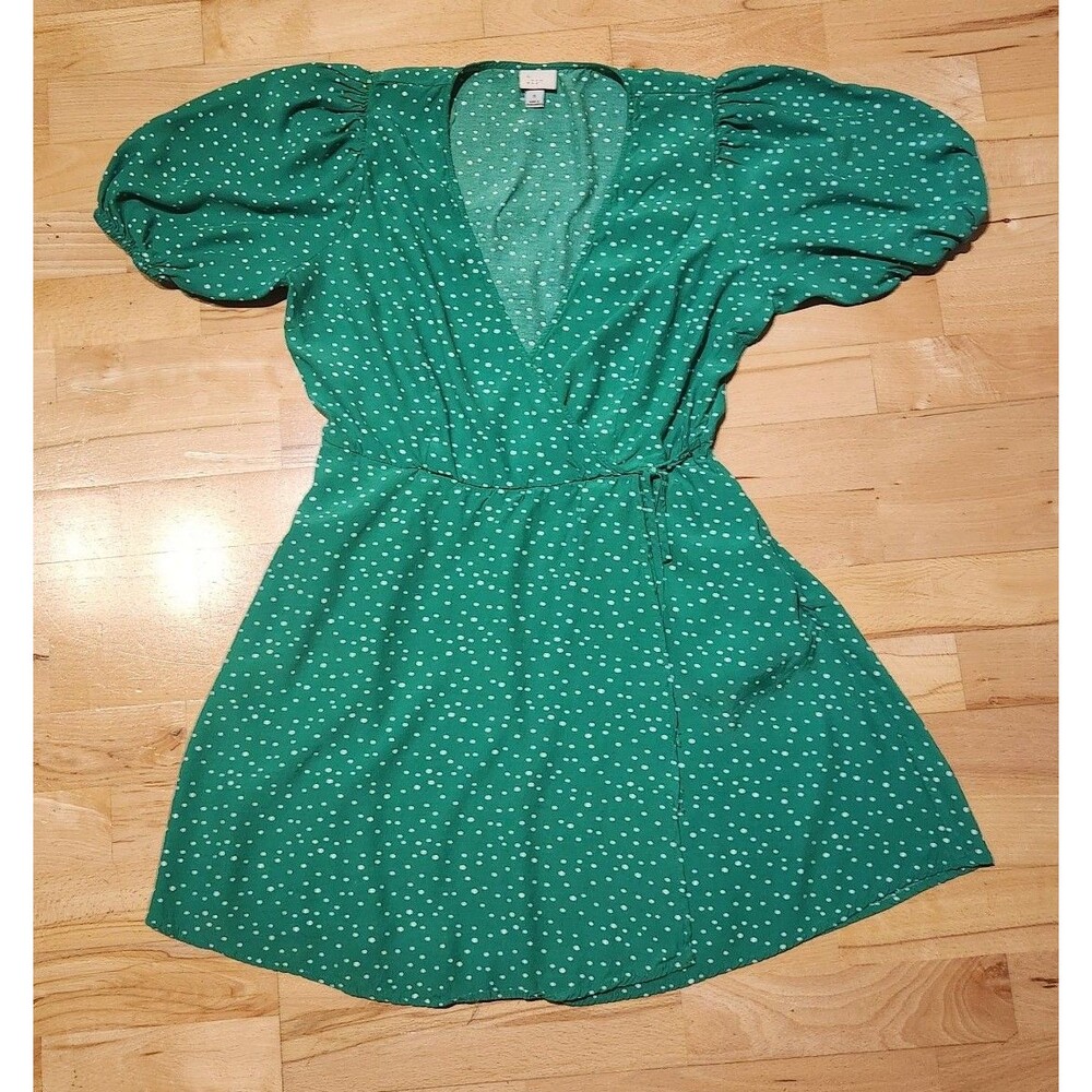 A New Day Green Wrap, Vneck Dress White Polka Dots, Size M